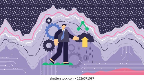 Big data modern abstract concept vector illustration. Digital internet network connection, global database storage server analysis. AI computing neural network system and algorithm machine learning.