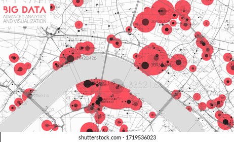 Big data in modern city. Abstract social information sorting visualization. Human connections or urban financial structure analysis. Complex geospatial data. Visual information complexity.
