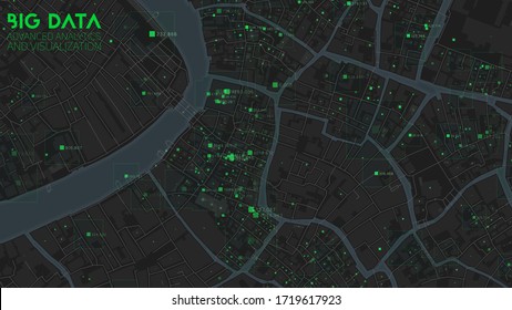 Big data in modern city. Abstract social information sorting visualization. Human connections or urban financial structure analysis. Complex geospatial data. Visual information complexity.