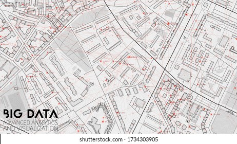 Big data in modern city. Abstract social information sorting visualization. Human connections or urban financial structure analysis. Complex geospatial data. Visual information complexity.
