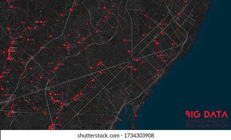 Big data in modern city. Abstract social information sorting visualization. Human connections or urban financial structure analysis. Complex geospatial data. Visual information complexity.