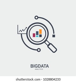 Big data Modern flat line vector illustration icon design. creative outline concept simple symbol, magnify scanning data analysis and graph pictogram.