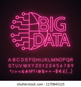 Big data neon light icon. Cloud computing. Database. Artificial intelligence. Cloud network. Glowing sign with alphabet, numbers and symbols. Vector isolated illustration
