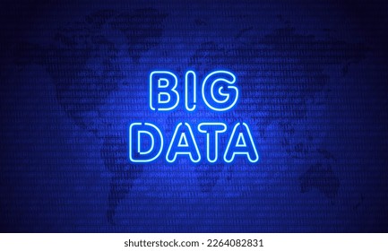 Big Data. Neon Symbol auf blauem Kartenhintergrund mit Binärcode. Datenkonzept Vintage elektrische Signatur mit hellen Neonleuchten. Technologieverbindung. Blaues Licht fällt. Vektorgrafik.