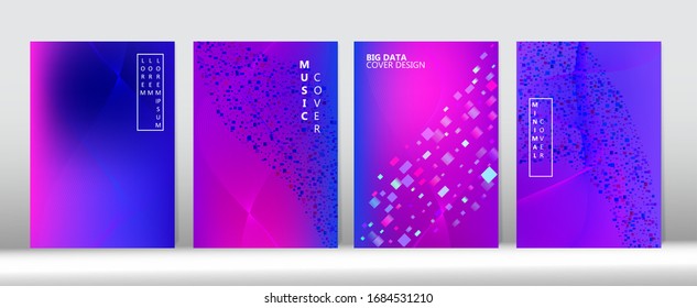 Big Data Neon Tech Magazine. Colorful Geometric Music Wallpaper Computing Gradient Overlay. Purple Pink Blue Digital Vector Cover Template. Modern Covers Set. 3D Flow Shapes Music Cover Design.