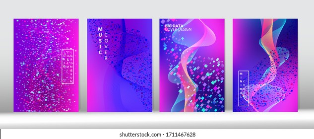 Big Data Neon Tech Wallpaper. Purple Pink Blue Punk Vector Cover Design. Computing Gradient Overlay. Abstract Geometric Music Background Trendy Covers Set. 3D Fluid Shapes Music Cover Layout.