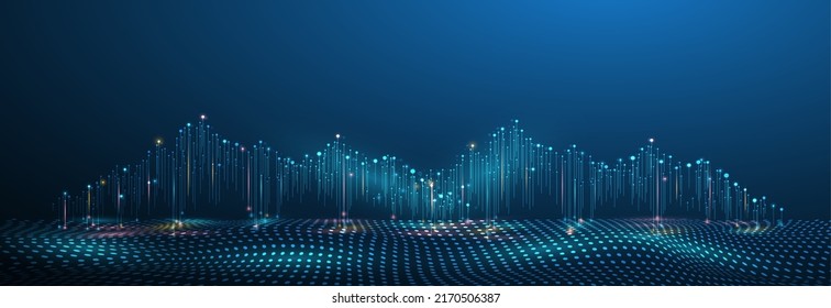 El concepto de red de grandes datos, la conexión a Internet, la onda de sonido y la señal inalámbrica utilizan la financiación empresarial como imagen de fondo abstracta.