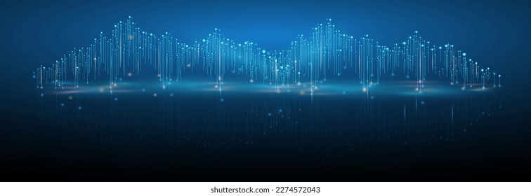 El concepto de red de grandes datos, la conexión a Internet, la onda de sonido y la señal inalámbrica utilizan la financiación empresarial como imagen de fondo abstracta.