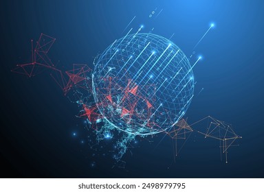 Big data numeric Sphere  theme with connected lines in technology style background.  Abstract 3d grid design. 