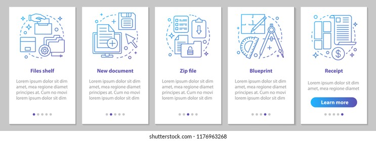 Pantalla de gran tamaño de aplicaciones móviles con conceptos lineales. Almacenamiento de archivos, documento nuevo, archivo zip, plano, pasos de recepción instrucciones gráficas. UX, UI, plantilla vectorial GUI con ilustraciones