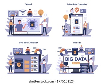 Big Data Online Service Or Platform Set. Modern Computer Technology. Analyzing Digital Information. Online Tutorial, Data Processing, Data Base Application, Web Site. Vector Illustration