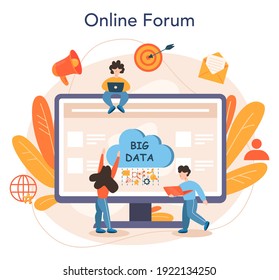 Big data online service or platform. Modern computer technology. Analyzing digital information from the internet. Online forum. Isolated flat vector illustration