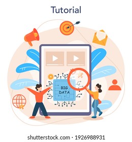 Servicio o plataforma de Big Data en línea. Tecnología informática moderna. Analizando la información digital desde internet. Tutorial en línea. Ilustración vectorial plana aislada