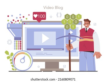 Servicio o plataforma de Big Data en línea. Minería y análisis de información digital para el desarrollo de negocios y tecnología. Video blog. Ilustración vectorial plana