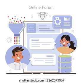 Big data online service or platform. Mining and analyzing of digital information for business and technology development. Online forum. Flat vector illustration