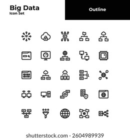 Big data outline icon set. Big data bold line icon set.
