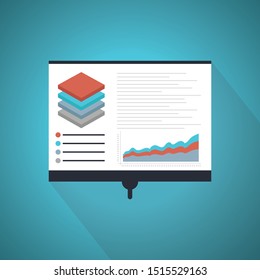 Big Data presenting graph results on a white board. Flat design, vector illustration. Blue Theme Concept