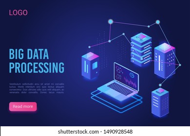 Big data processing and analysing landing page vector template. Analytics data servers, Server room banner, web hosting concept, ultraviolet isometric vector illustration