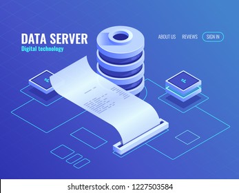 Big Data Processing And Analyzing Isometric Icon, Print Output Information From The Database, Data Encryption Process Server Room Data Center Top View Vector