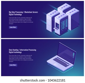 Big data processing, blockchain, digital technology, server room rack, isometric laptop vector illustration on ultraviolet background Big data processing, blockchain, digital technology, server room rack, isometric laptop vector illustration on ultraviolet background
