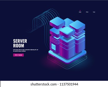 Big data processing, blockchain technology, token access system, server room, datacenter and database icon, web VPN and hosting dark ultraviolet neon isometric vector illustration 3d art