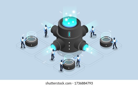 big data processing, data center warehouse, data science, server room. Tech visualization. Modern isometric illustration.