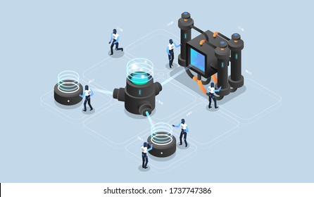 Big Data Processing, Data Center Warehouse, Data Science, Server Room. Tech Visualization. Modern Isometric Illustration.