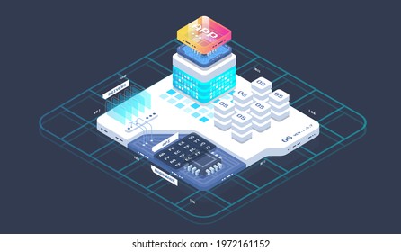 Big data processing computing. Digital Technology Web Banner. Analysis and Information. Software development and programming. Isometric tech illustration.