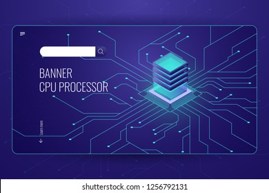 Big data processing, CPU processor isometric banner, network data transfer and calculation, dark neon violet vector