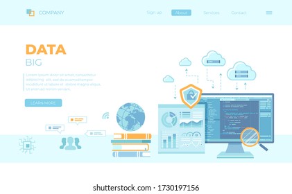 Big Data Processing, Infographic, Analysis, Analytics, Database research, Financial reporting, Cloud storage, Communication technology. Can use for web banner, landing page, web template.