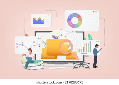 Big Data Processing, Infographic, Analysis, Analytics, Financial reporting. Characters analyze a lot of information. Landing web page design. 3d Vector illustration.