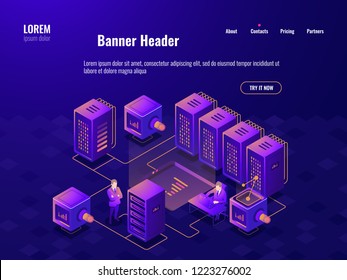 Big data processing isometric icon, server room, people working in the data center, cloud data storage, analytic center dark neon vector