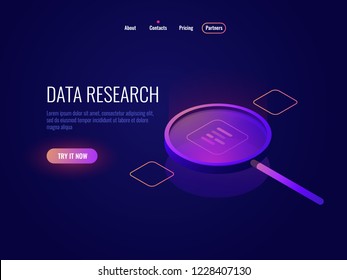 Big data processing isometric icon, magnifying glass, information searching and structuring, data sampling filtration dark neon vector