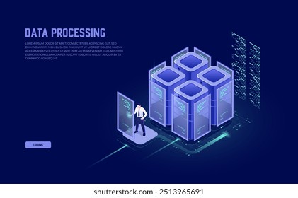 Conceito de sala de servidor isométrico e processamento de Big Data: data center, ícone de banco de dados e tecnologia de informação digital