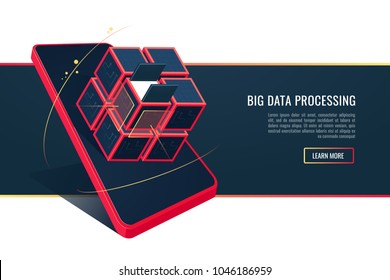 Big data processing on smartphone . Vertical banner for creative process concept, idea, website, app design and development, graphic design, SEO. 3d realistic style