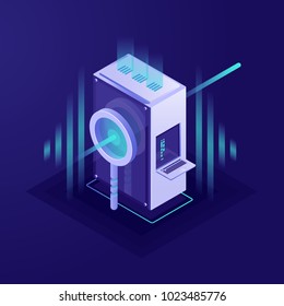 Big Data Processing, Data Search And Searching Engine Optimisation Concept, Supercomputer, Server Room, Magnifying Glass Isometric Vector On Ultraviolet Background