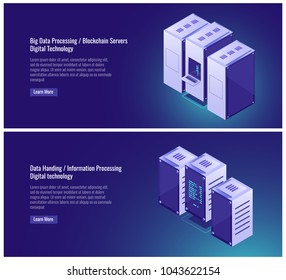 Big, data processing, server room, hosting, blockchian, data handing, computer, mainframe concept, cloud data storage vector illustration on ultraviolet background Big, data processing, server room, hosting, blockchian, data handing, computer, mainframe concept, cloud data storage vector illustration on ultraviolet background