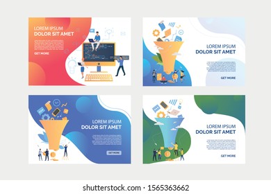 Big data processing set. Analysts working on data filter, programmers coding on computer. Flat vector illustrations. Digital technology, marketing concept for banner, website design, landing web page
