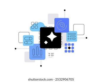 Big data e processamento de dados. Tipos de dados. Ilustração abstrata. Gráficos simples. Arquivo vetorial.