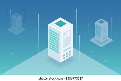 Big data processing, web hosting, server rack, data storage, omputing and processing information concept. Server room isometric vector. Online computing technology. Hosting server isometric vector.