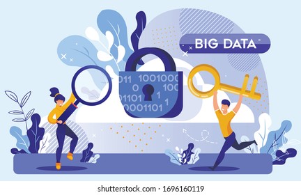 Big Data Protection and Cyber Security Technology. Huge Lock with Keyhole and Binary Code Design. Woman Holding Magnifying Glass, Man Carrying Key Run. Secure Service for Information Storage