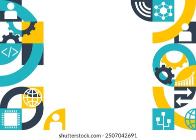 Informe de Big Data o decoración de artículos, lado izquierdo y derecho del folleto o presentación de diapositivas. Patrón geométrico con muchos pictogramas de negocios