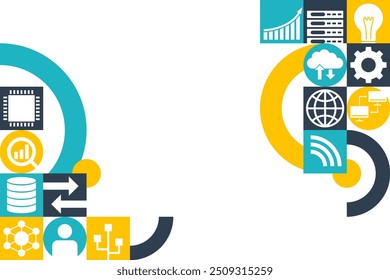 Big Data report or article decoration, left and right side of brochure or slideshow. Geometric pattern with many business pictograms