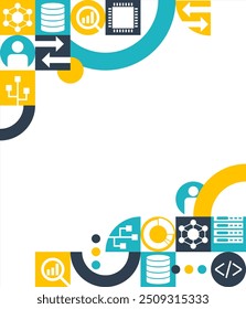 Informe de Big Data o decoración de artículos, parte superior e inferior del folleto, encabezado o pie de página de la presentación. Patrón geométrico con muchos pictogramas de negocios