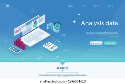 Big data report, data statistics on screen of laptop. Data analysis server isometric vector illustration. Data statistics on screen of laptop. Online statistics and Analytics.