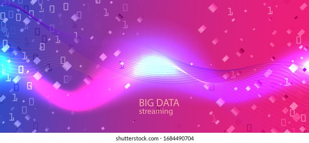 Big Data Sales Vector Background. Purple Blue Pink Background. Digital Futuristic Slide. Geometric Abstract Trendy Design. Matrix Flying Binary Code. Fractal Liquid Code Big Data Sales Banner