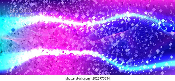 Big Data Sales Vector Background. Technology Funky Trendy Design. Digital Futuristic Slide. Fractal Liquid Code Blue Pink Purple Background. Matrix Falling Binary Code. Big Data Sales Banner