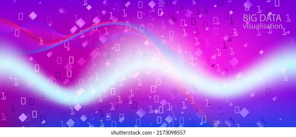 Big Data Sales Vector Equalizer. Digital Equalizer Slide. Blue Purple Pink Background. Geometric Grunge Trendy Layout. Fractal Fluid Code Matrix Falling Binary Code. Big Data Sales Banner