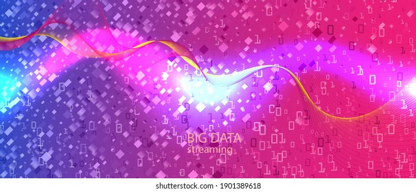 Big Data Sales Vector Landing Page. Blue Purple Pink Background. Fractal Flow Glow Neon Tech Funky Trendy Design. Matrix Falling Binary Code. Digital Futuristic Slide. Big Data Sales Banner