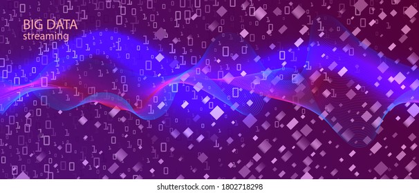 Papel tapiz del vector de ventas de Big Data. Fondo Azul Púrpura Rosa. Diseño minimo de Neon Tech Funky. Código binario de caída de matriz. Diapositiva digital futurista. Banner de ventas de Big Data del código de flujo fractal
